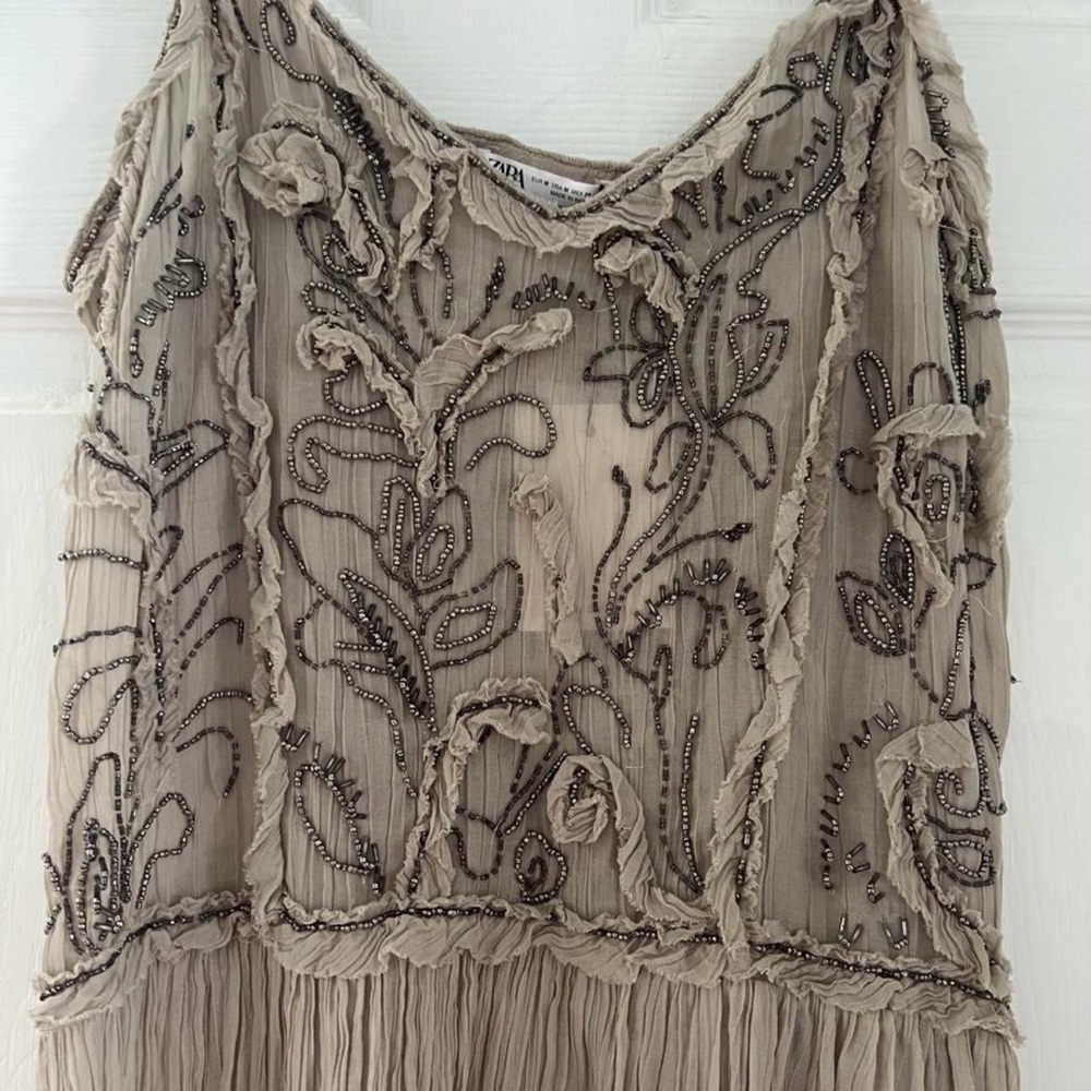 Rare Zara Women's Beige Beaded Floral Embroidered Dress